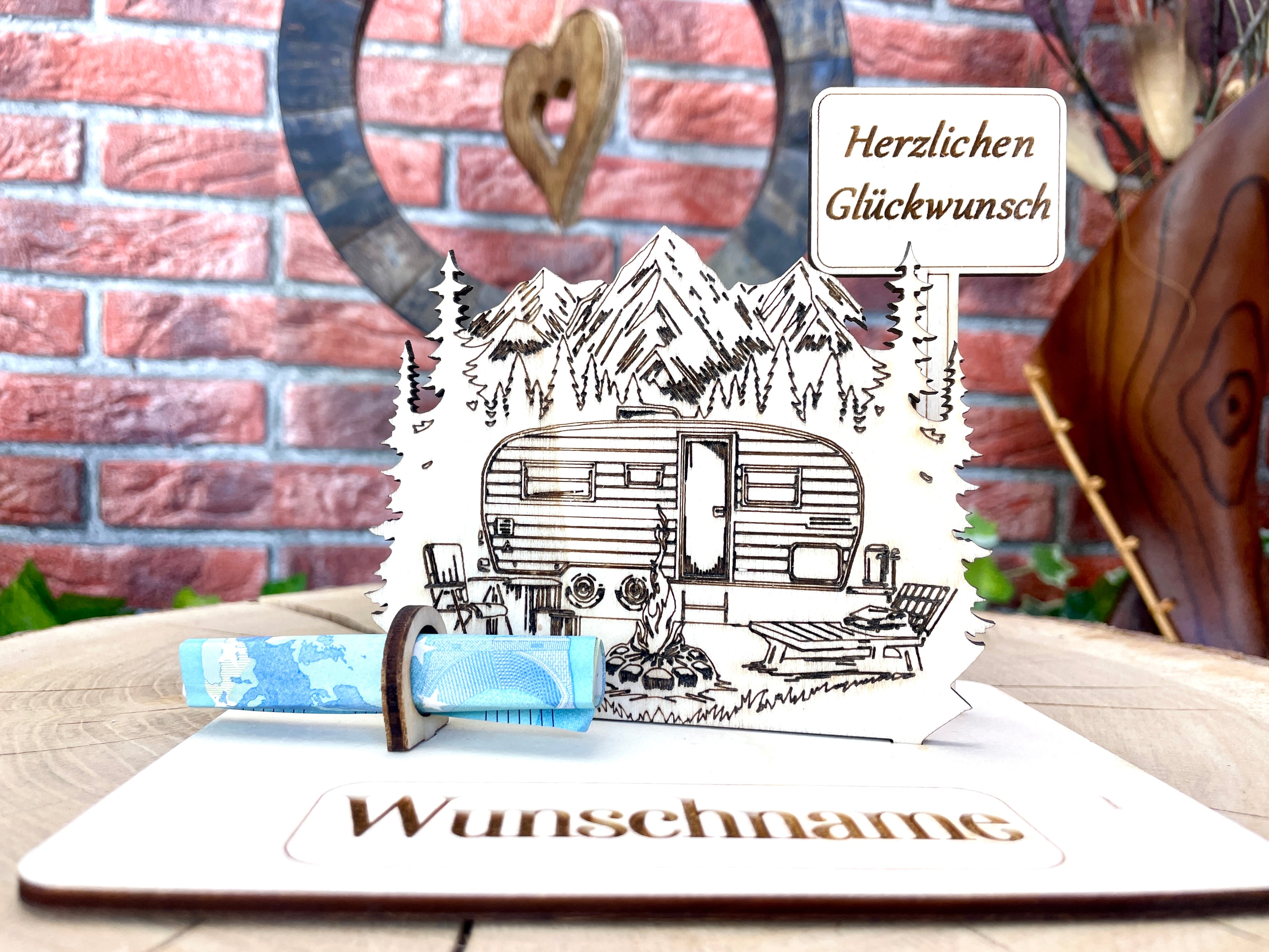 Geldgeschenk Camping aus Holz mit deinem Wunschtext  Holz Bilder Schilder Geburtstag Zur Erholung  Outdoor im Urlaub Camping in den Bergen