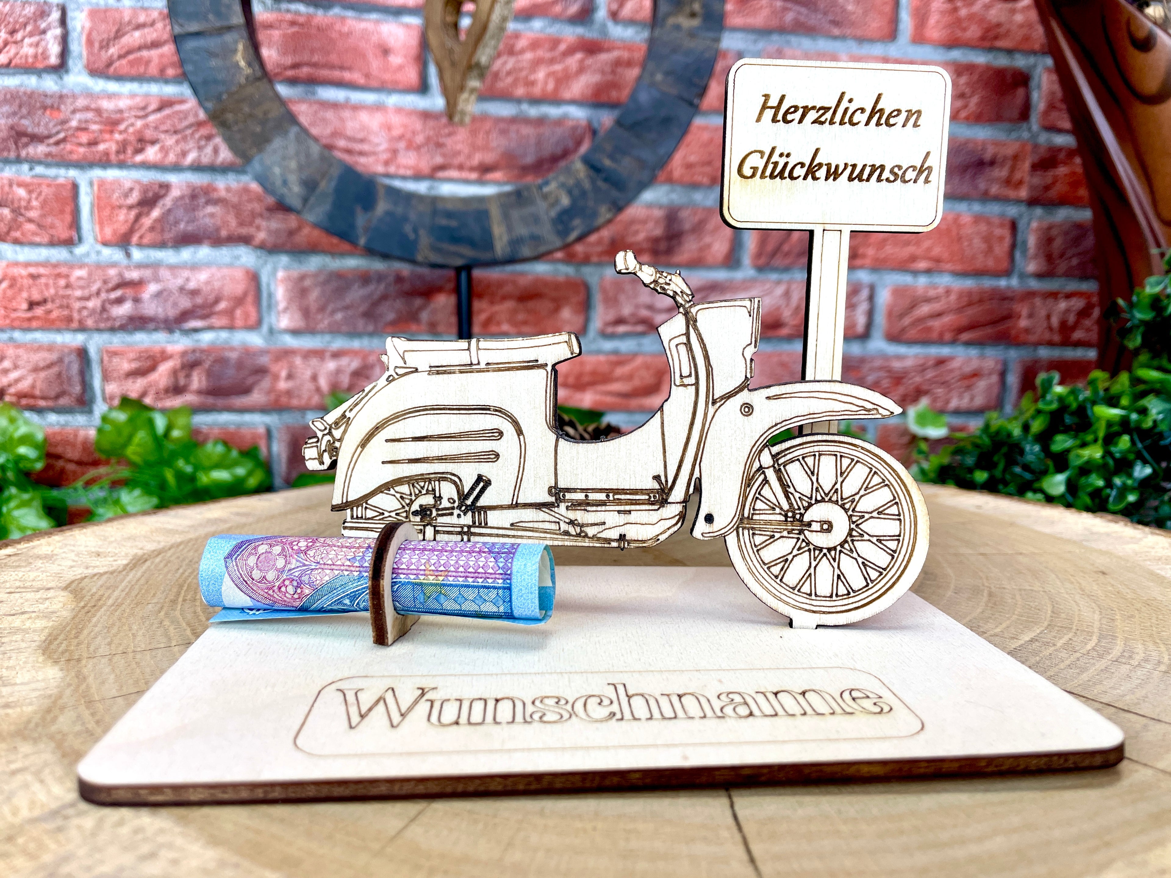 Simson Schwalbe Geldgeschenk aus Holz – Personalisiertes Männergeschenk Motorrad Geschenkidee aus Holz zur Hochzeit Geburtstag