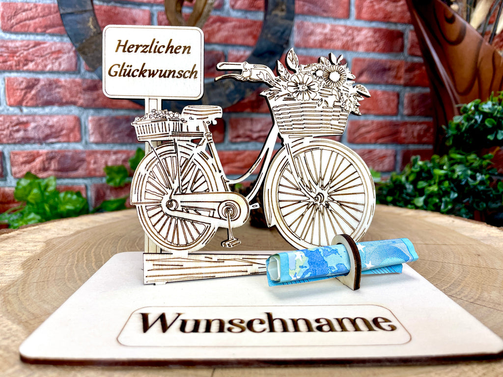Fahrrad – Dein personalisiertes Damenrad-Geldgeschenk aus Holz mit Blumenkorb Geld Karte Box Holzschild zum Verschenken Bilder Outdoor #3