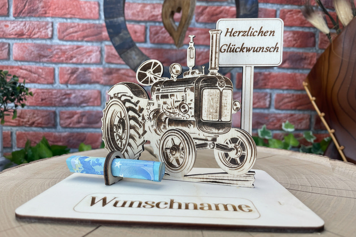 Traktor– Liebevolles Schlepper Geldgeschenk aus Holz mit deinem Wunschtext Geld Karte Box Männergeschenk Holzschild zum Verschenken Bulldog