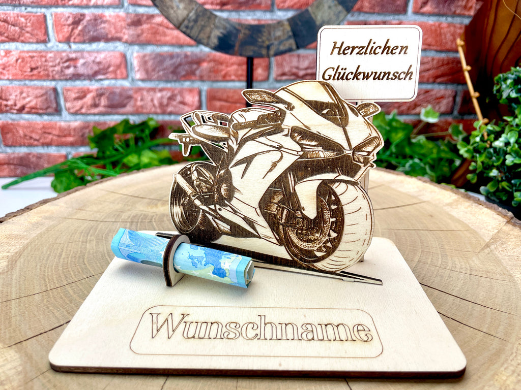 Motorrad  – Dein personalisiertes Motorrad Geldgeschenk aus Holz Geld Karte Box Männergeschenk Holzschild zum Verschenken Rennmaschine