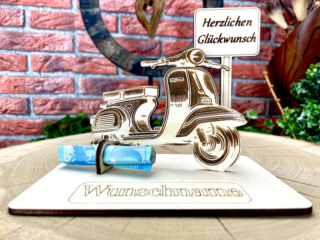 Vespa  – Dein personalisiertes Roller Geldgeschenk aus Holz Geld Karte Box Männergeschenk Holzschild zum Verschenken GTS 125 Retro Roller