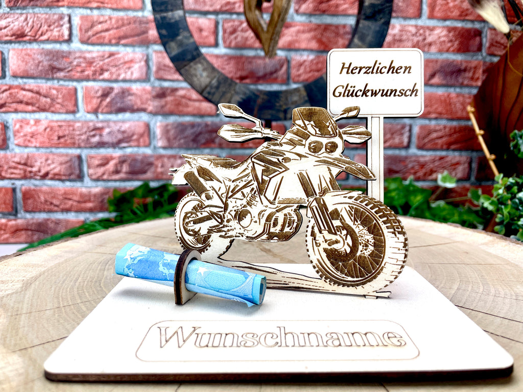 Enduro  – Dein personalisiertes Enduro Geldgeschenk aus Holz Geld Karte Box Männergeschenk Holzschild zum Verschenken Motorrad