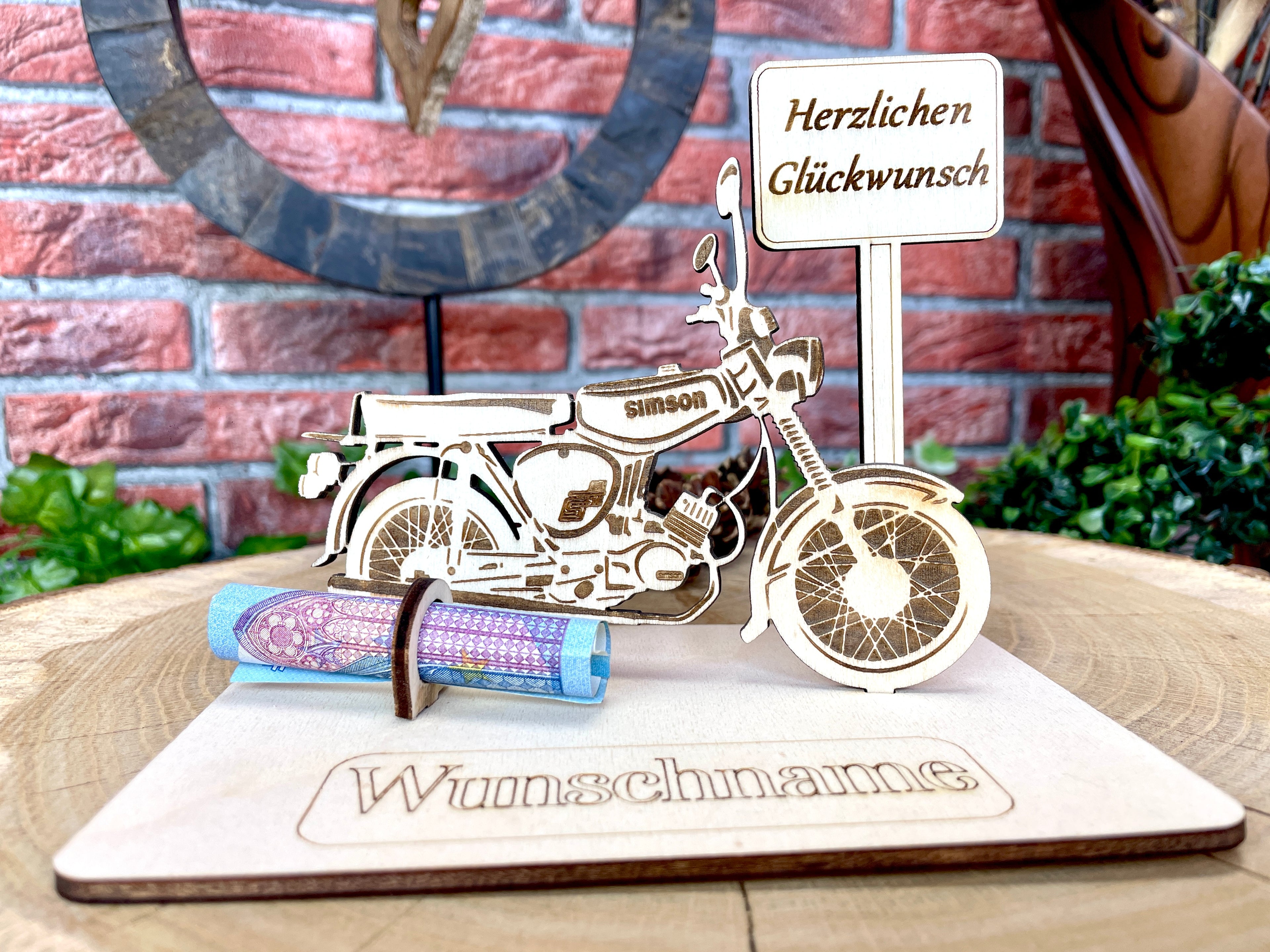 Simson S51 Holzmodell – Geldgeschenk Moped | Personalisiertes DDR Geschenk für Männer und Oldtimer Fans