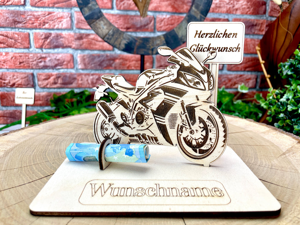 Motorrad 125ccm – Dein personalisiertes Motorrad Geldgeschenk aus Holz Geld Karte Box Männergeschenk Holzschild zum Verschenken Motorrad