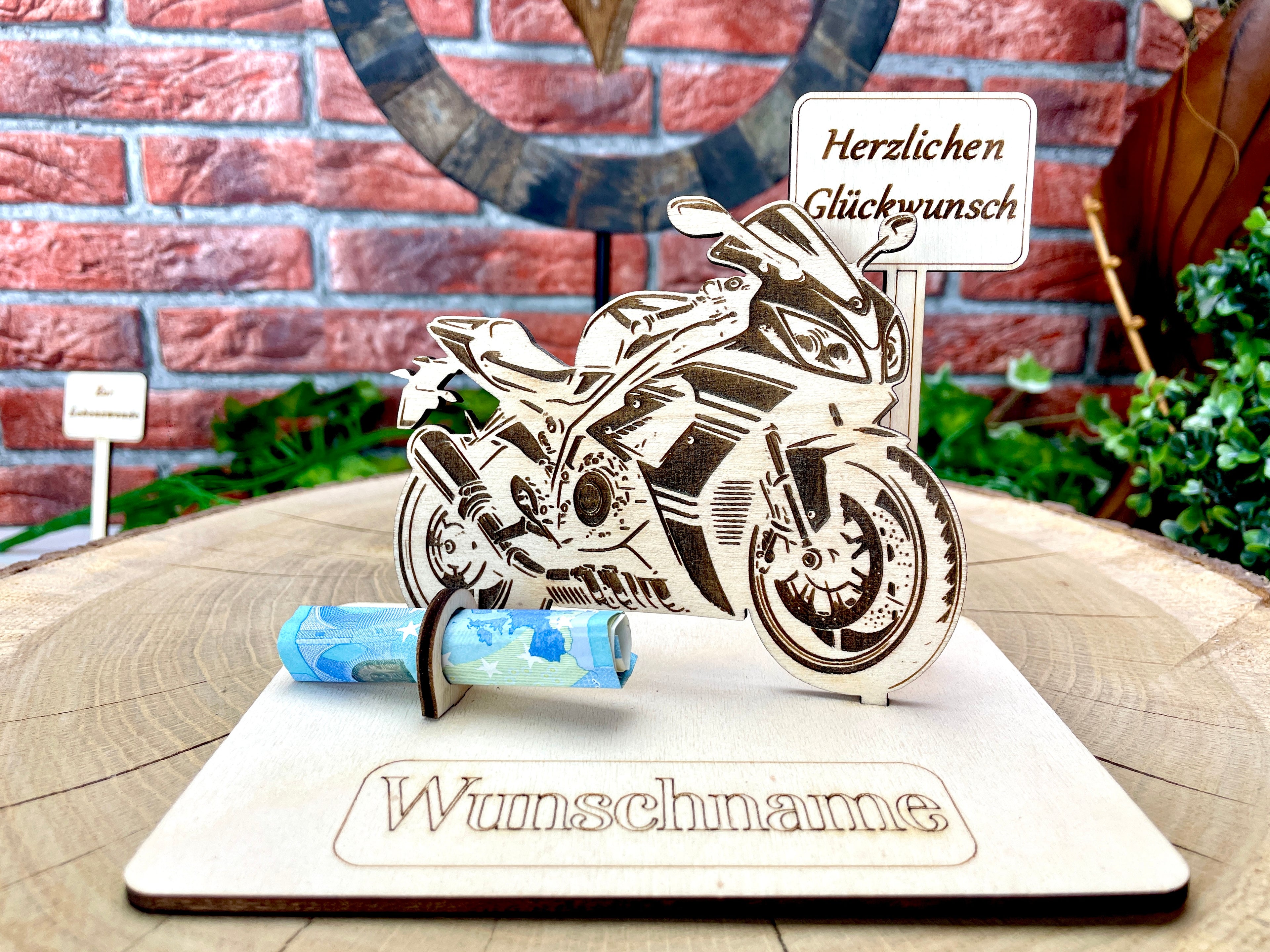 Motorrad 125ccm – Dein personalisiertes Motorrad Geldgeschenk aus Holz Geld Karte Box Männergeschenk Holzschild zum Verschenken Motorrad