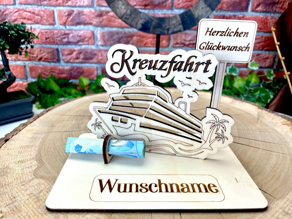 Kreuzfahrt– Liebevolles Boots Geldgeschenk aus Holz mit deinem Wunschtext Geld Karte Box Männergeschenk Holzschild zum Verschenken Reise
