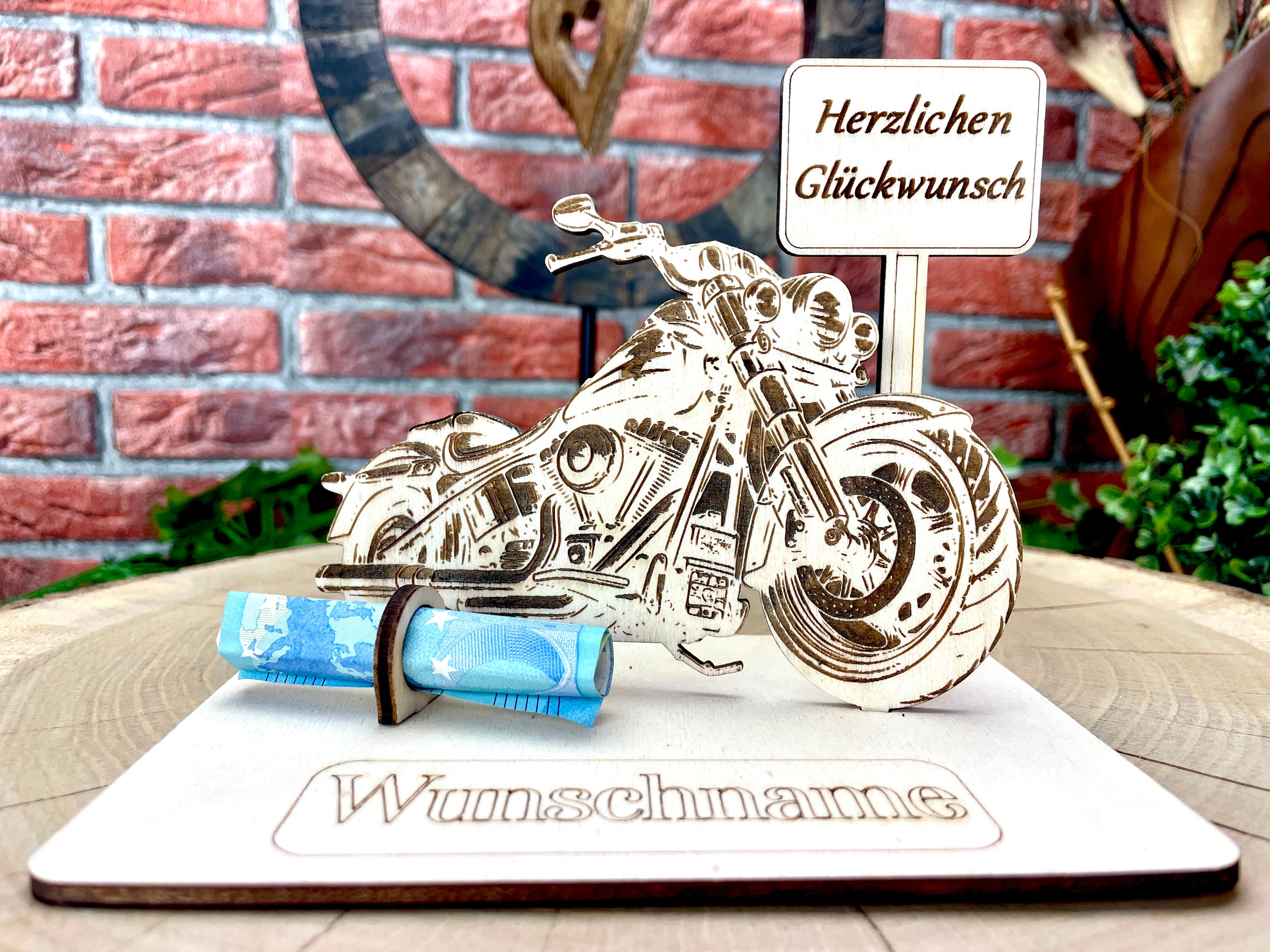 Personalisiertes Harley Motorrad Geldgeschenk aus Holz – Originelles Männergeschenk zum Geburtstag