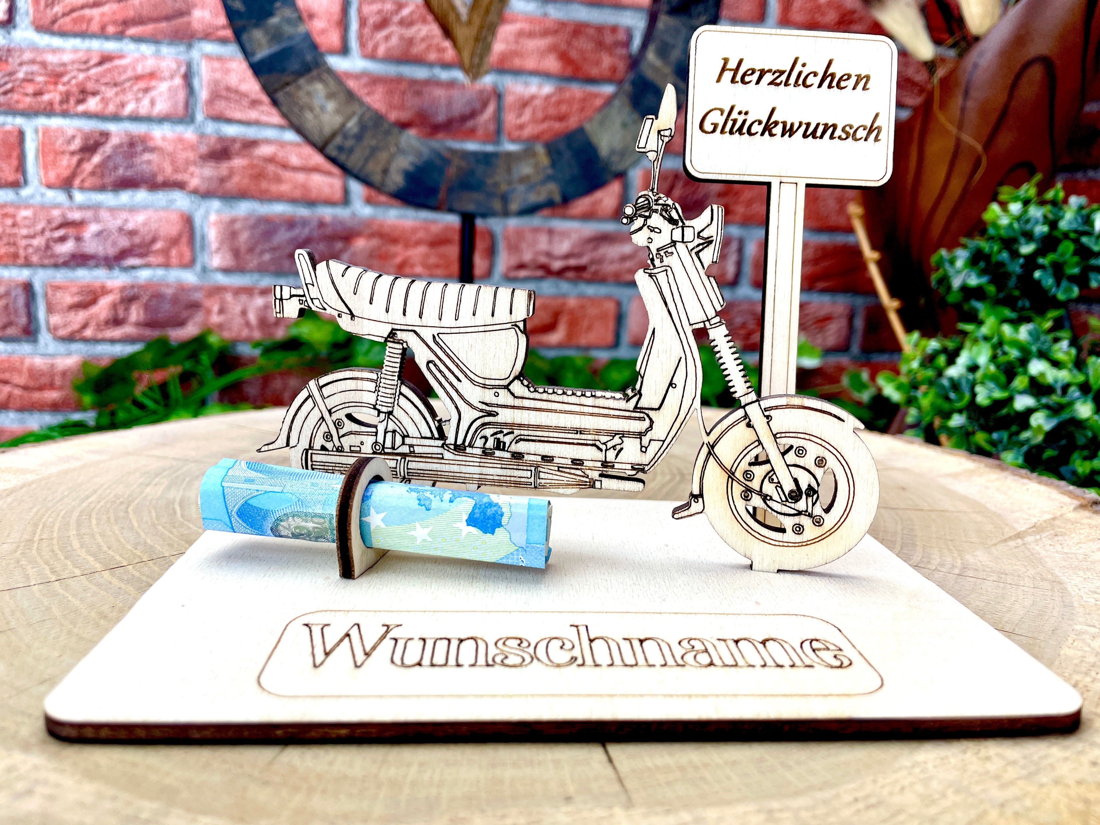 Simson SR50 – Dein personalisiertes Ostfahrzeug-Geldgeschenk aus Holz Geld Karte Box Männergeschenk Holzschild zum Verschenken