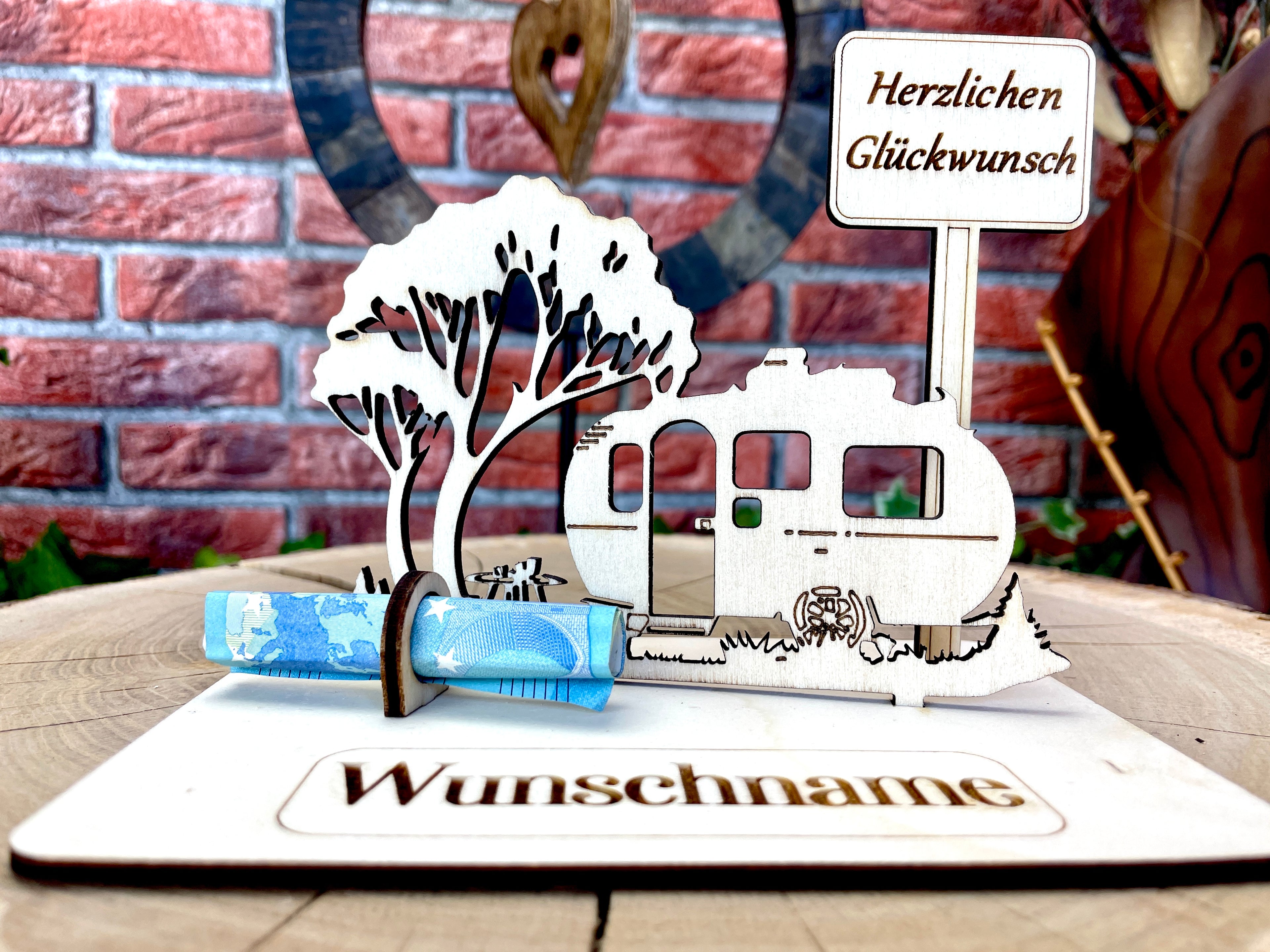 Geldgeschenk Wohnanhänger Camping aus Holz mit deinem Wunschtext  Holz Bilder Schilder Geburtstag Zur Erholung  Outdoor im Urlaub Camping am See