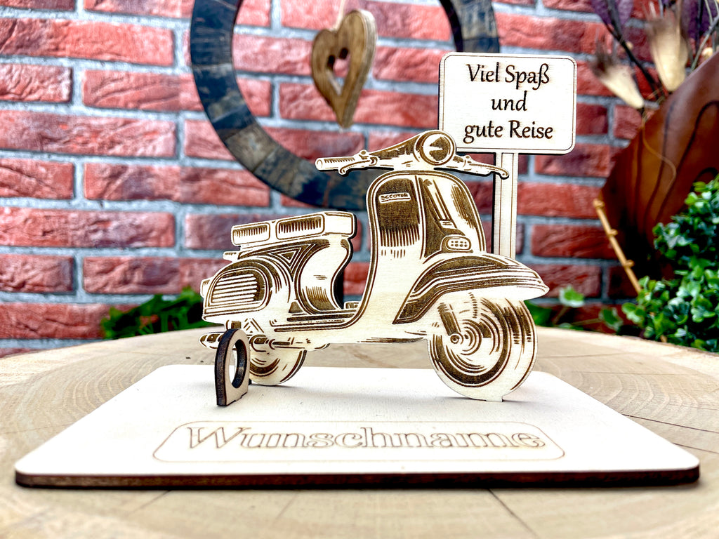 Vespa  – Dein personalisiertes Roller Geldgeschenk aus Holz Geld Karte Box Männergeschenk Holzschild zum Verschenken GTS 125 Retro Roller