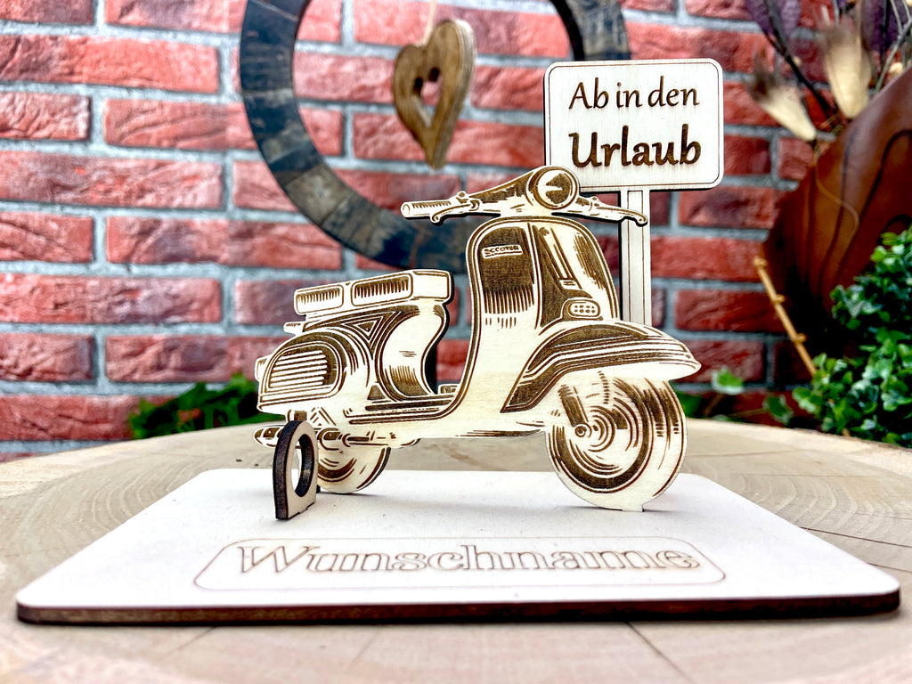 Vespa  – Dein personalisiertes Roller Geldgeschenk aus Holz Geld Karte Box Männergeschenk Holzschild zum Verschenken GTS 125 Retro Roller