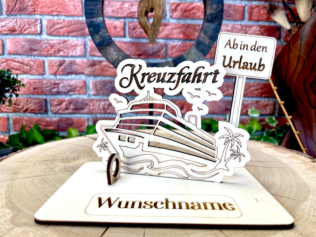 Kreuzfahrt– Liebevolles Boots Geldgeschenk aus Holz mit deinem Wunschtext Geld Karte Box Männergeschenk Holzschild zum Verschenken Reise
