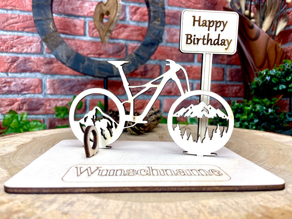 Fahrrad Persönliches Mountainbike Geldgeschenk mit Bergmotiven aus Holz - Individuell mit Wunschtext. Geschenkideen Schilder Bild #1
