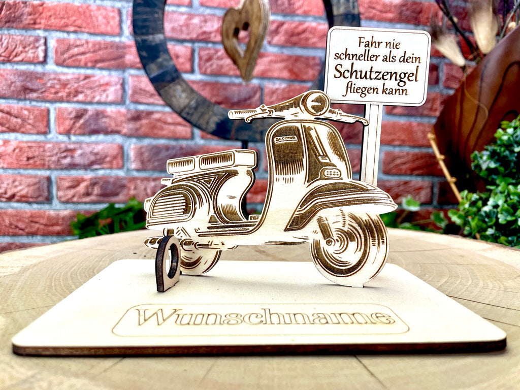 Vespa  – Dein personalisiertes Roller Geldgeschenk aus Holz Geld Karte Box Männergeschenk Holzschild zum Verschenken GTS 125 Retro Roller