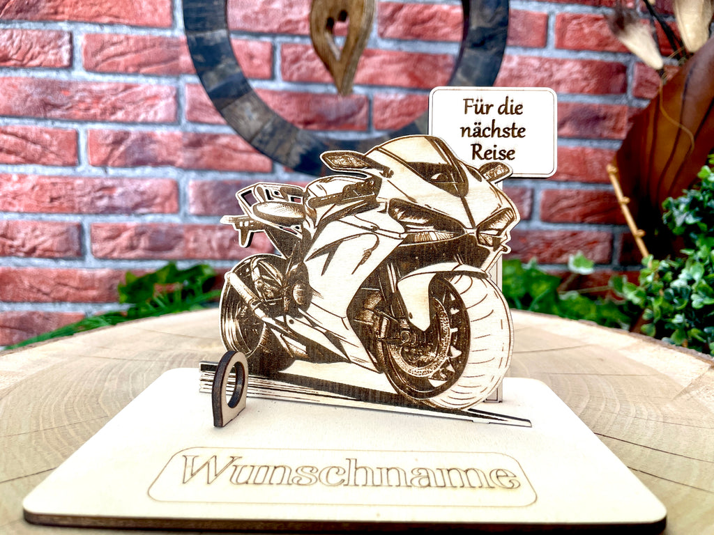 Motorrad  – Dein personalisiertes Motorrad Geldgeschenk aus Holz Geld Karte Box Männergeschenk Holzschild zum Verschenken Rennmaschine