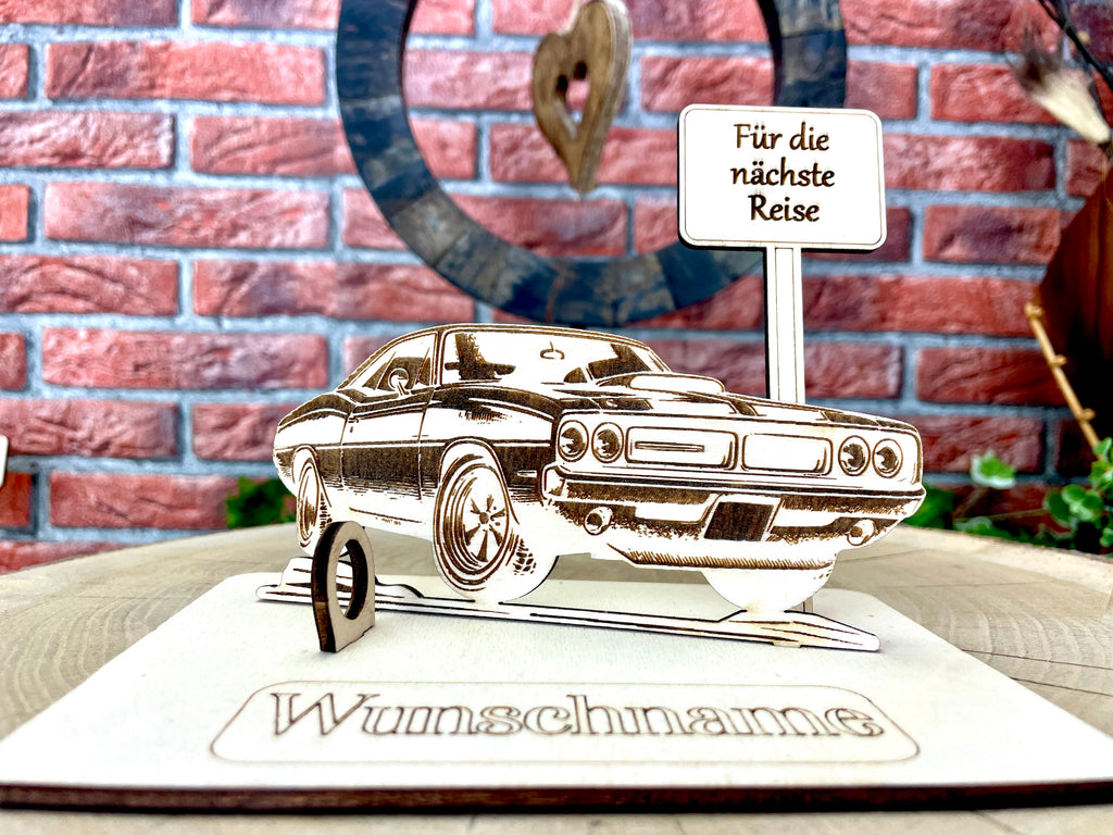 Auto – Dein personalisiertes AutoGeldgeschenk aus Holz Geld Karte Box Männergeschenk Holzschild zum Verschenken Oldtimer Muscle Car