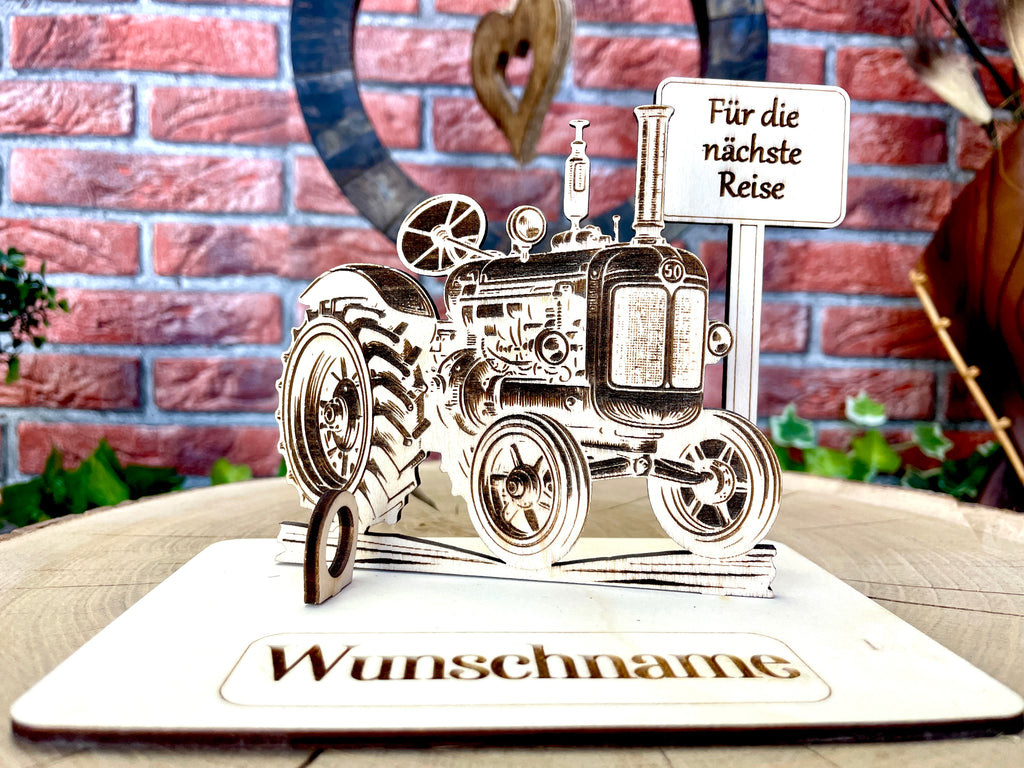 Traktor– Liebevolles Schlepper Geldgeschenk aus Holz mit deinem Wunschtext Geld Karte Box Männergeschenk Holzschild zum Verschenken Bulldog