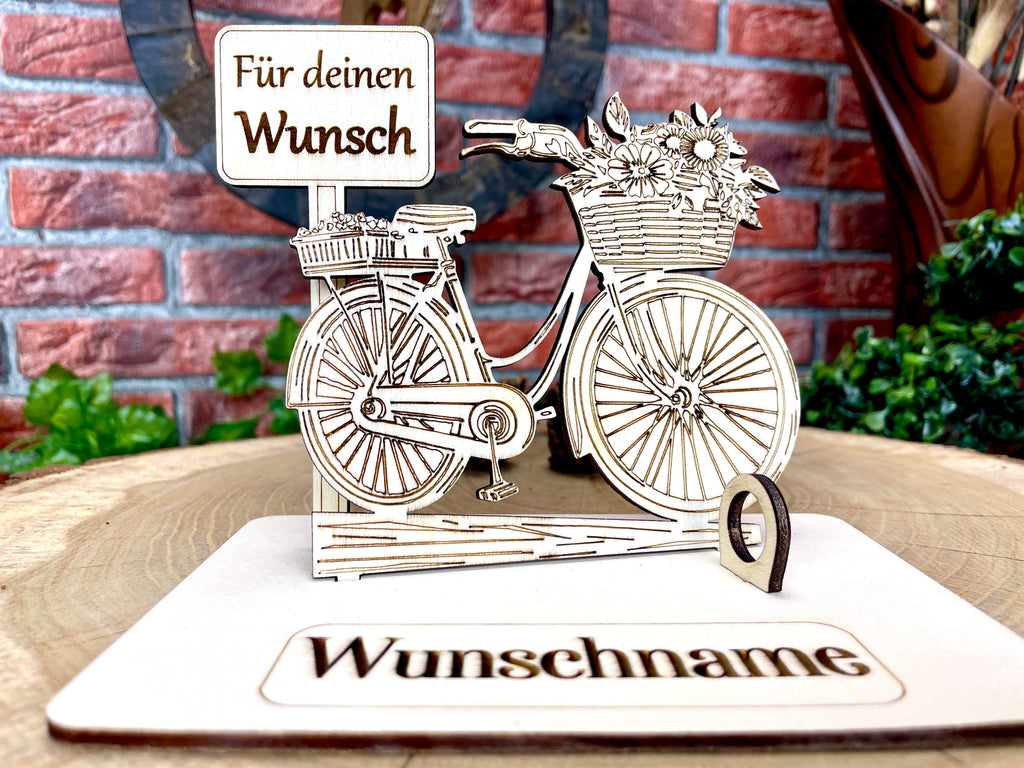 Fahrrad – Dein personalisiertes Damenrad-Geldgeschenk aus Holz mit Blumenkorb Geld Karte Box Holzschild zum Verschenken Bilder Outdoor #3