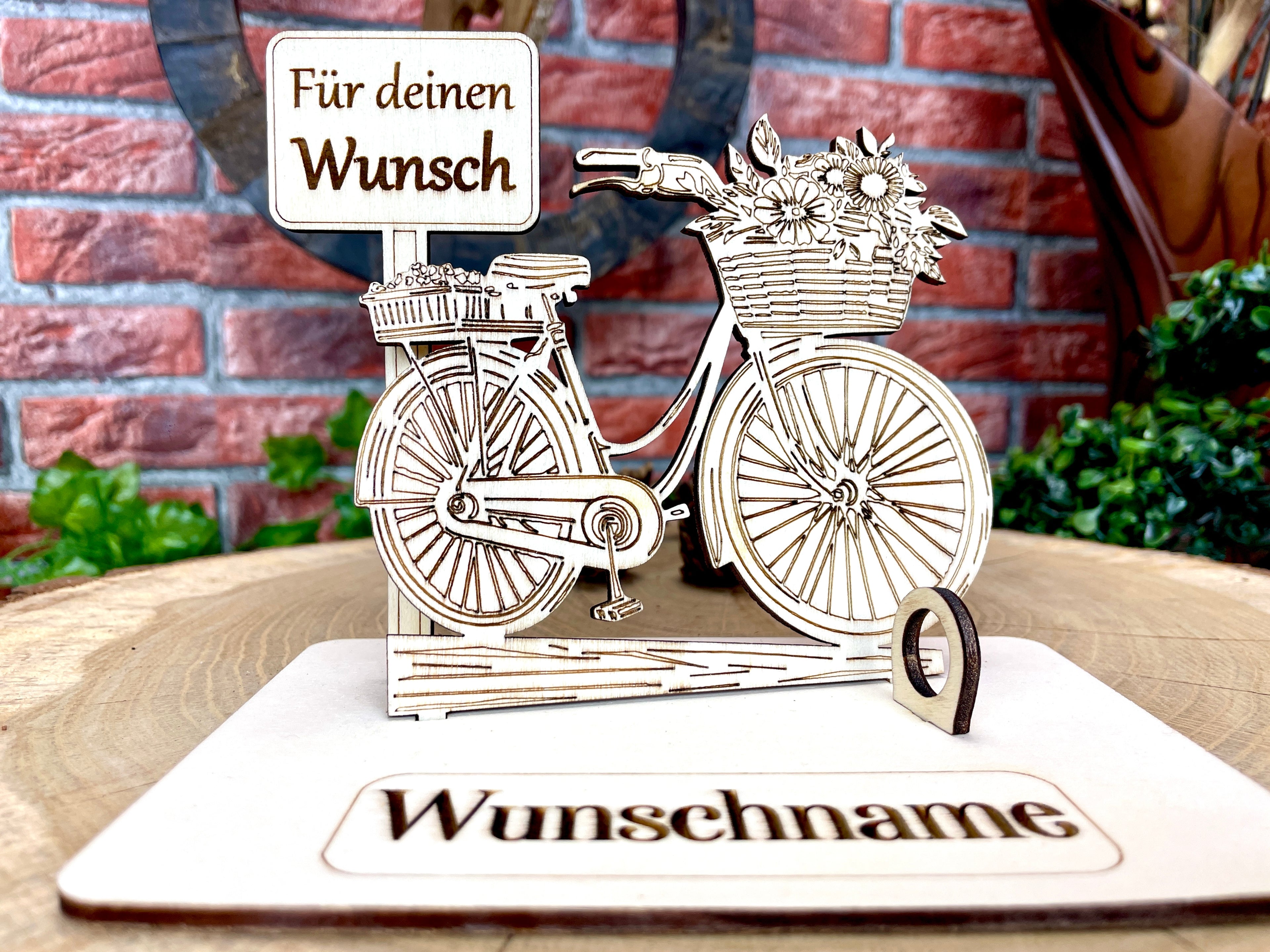Fahrrad – Dein personalisiertes Damenrad-Geldgeschenk aus Holz mit Blumenkorb Geld Karte Box Holzschild zum Verschenken Bilder Outdoor #3