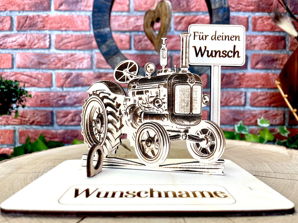 Traktor– Liebevolles Schlepper Geldgeschenk aus Holz mit deinem Wunschtext Geld Karte Box Männergeschenk Holzschild zum Verschenken Bulldog