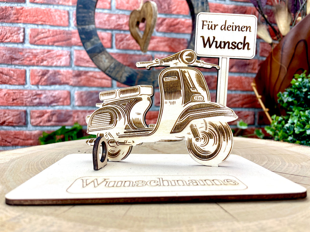 Vespa  – Dein personalisiertes Roller Geldgeschenk aus Holz Geld Karte Box Männergeschenk Holzschild zum Verschenken GTS 125 Retro Roller