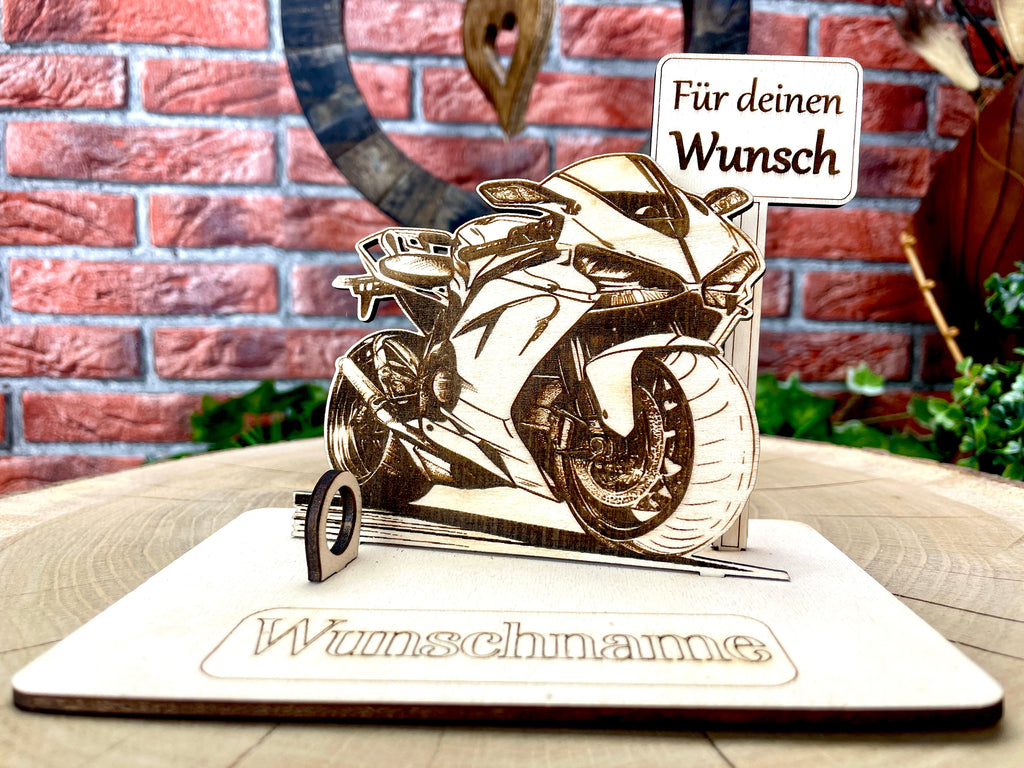 Motorrad  – Dein personalisiertes Motorrad Geldgeschenk aus Holz Geld Karte Box Männergeschenk Holzschild zum Verschenken Rennmaschine