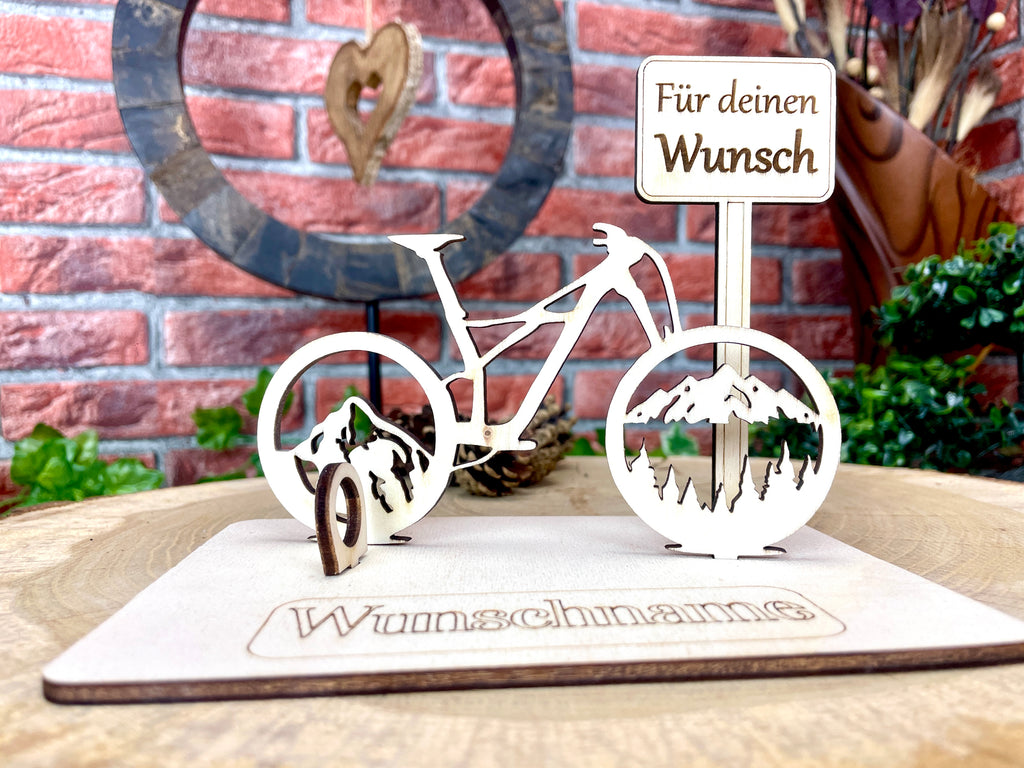Fahrrad Persönliches Mountainbike Geldgeschenk mit Bergmotiven aus Holz - Individuell mit Wunschtext. Geschenkideen Schilder Bild #1