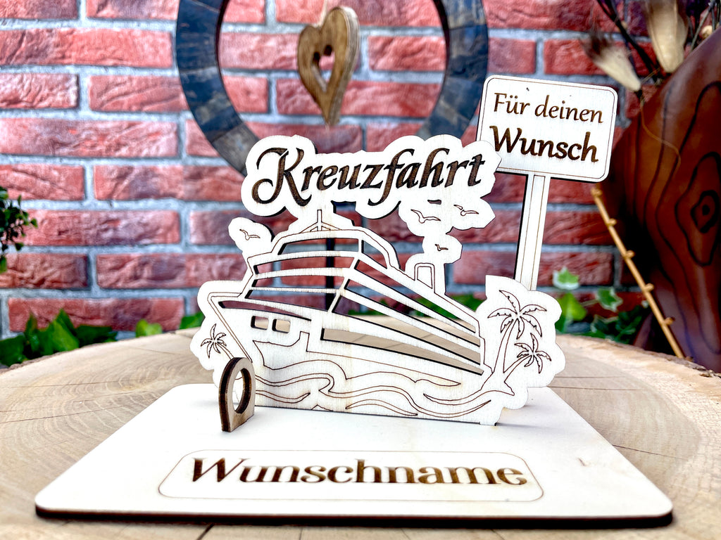 Kreuzfahrt– Liebevolles Boots Geldgeschenk aus Holz mit deinem Wunschtext Geld Karte Box Männergeschenk Holzschild zum Verschenken Reise