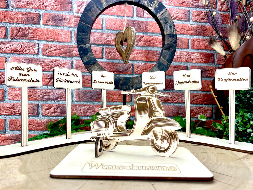 Vespa  – Dein personalisiertes Roller Geldgeschenk aus Holz Geld Karte Box Männergeschenk Holzschild zum Verschenken GTS 125 Retro Roller