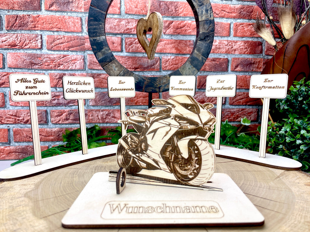 Motorrad  – Dein personalisiertes Motorrad Geldgeschenk aus Holz Geld Karte Box Männergeschenk Holzschild zum Verschenken Rennmaschine