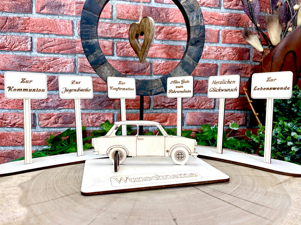 Trabant – Liebevolles Ostfahrzeug-Geldgeschenk aus Holz mit deinem Wunschtext Geld Karte Box Männergeschenk Holzschild zum Verschenken