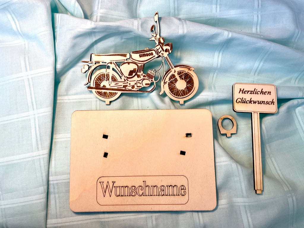 Simson S51 Holzmodell – Geldgeschenk Moped | Personalisiertes DDR Geschenk für Männer und Oldtimer Fans