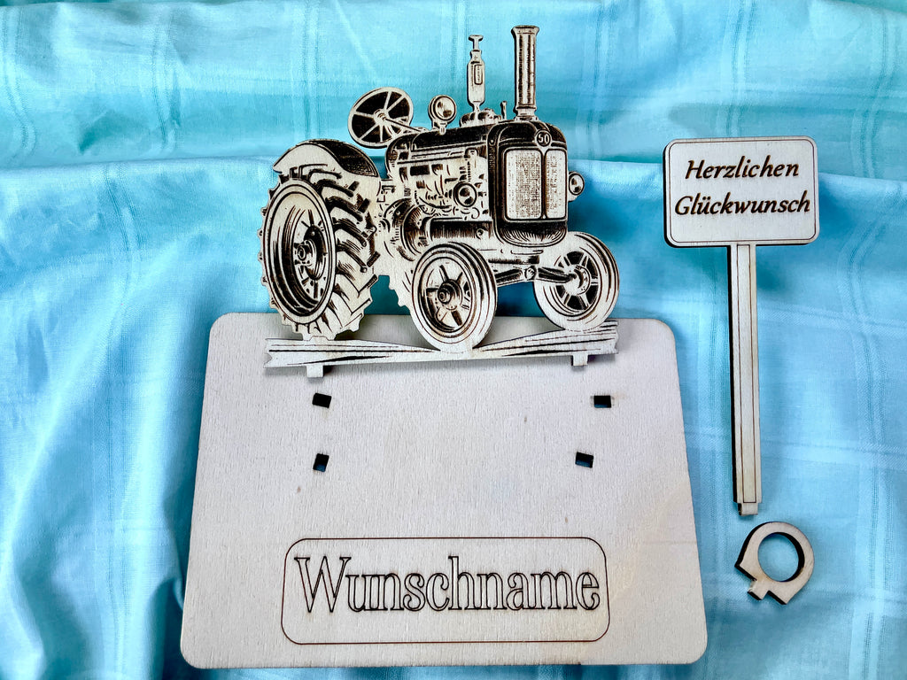 Traktor– Liebevolles Schlepper Geldgeschenk aus Holz mit deinem Wunschtext Geld Karte Box Männergeschenk Holzschild zum Verschenken Bulldog