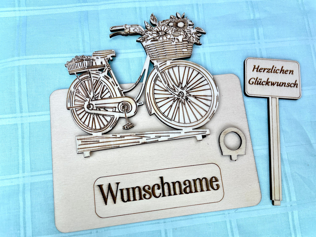 Fahrrad – Dein personalisiertes Damenrad-Geldgeschenk aus Holz mit Blumenkorb Geld Karte Box Holzschild zum Verschenken Bilder Outdoor #3