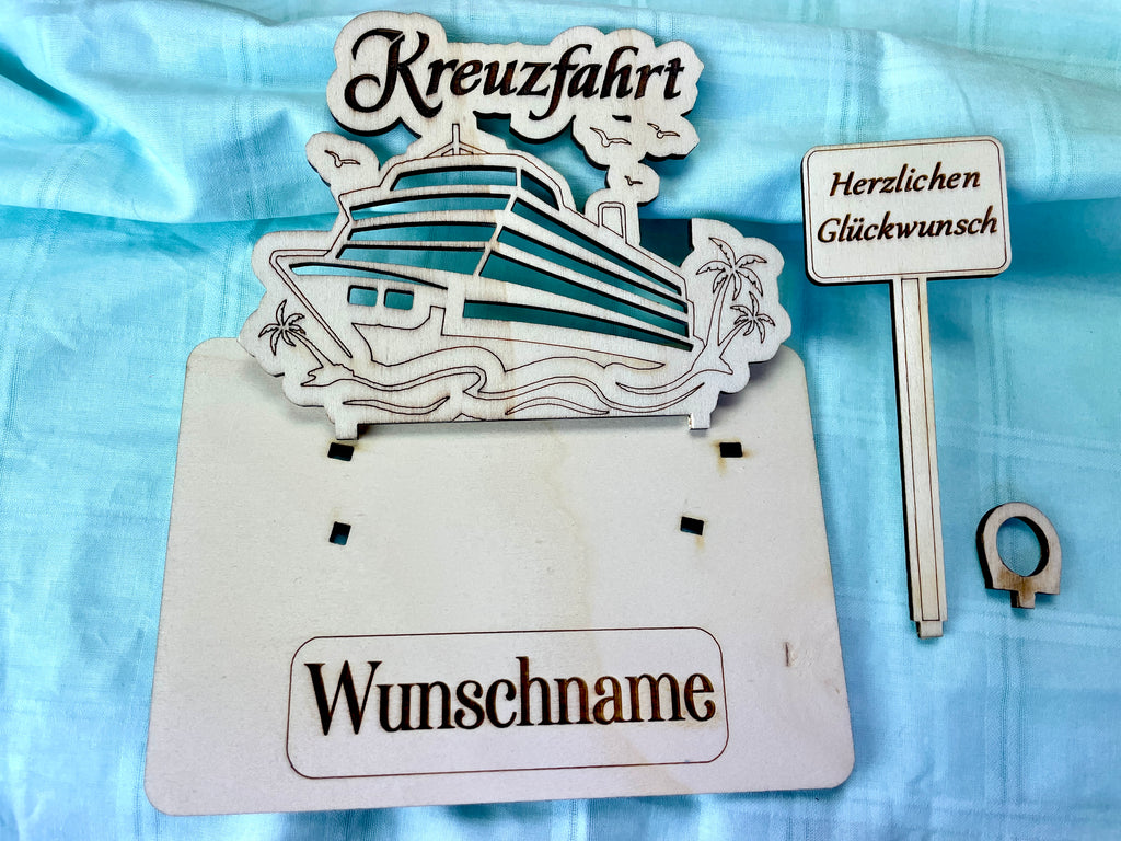 Kreuzfahrt– Liebevolles Boots Geldgeschenk aus Holz mit deinem Wunschtext Geld Karte Box Männergeschenk Holzschild zum Verschenken Reise