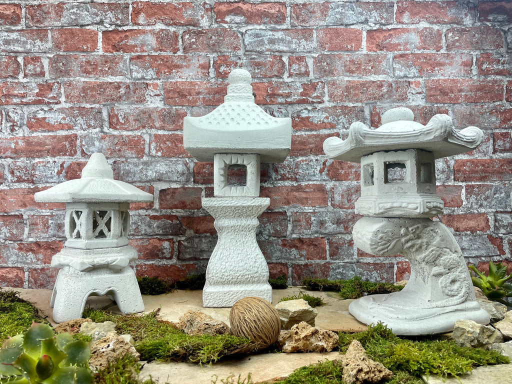 Japanische Steinlaternen 3er Set in Lichtgrau Yukimi Pagode Teich Gartendekoration Koi-Teich