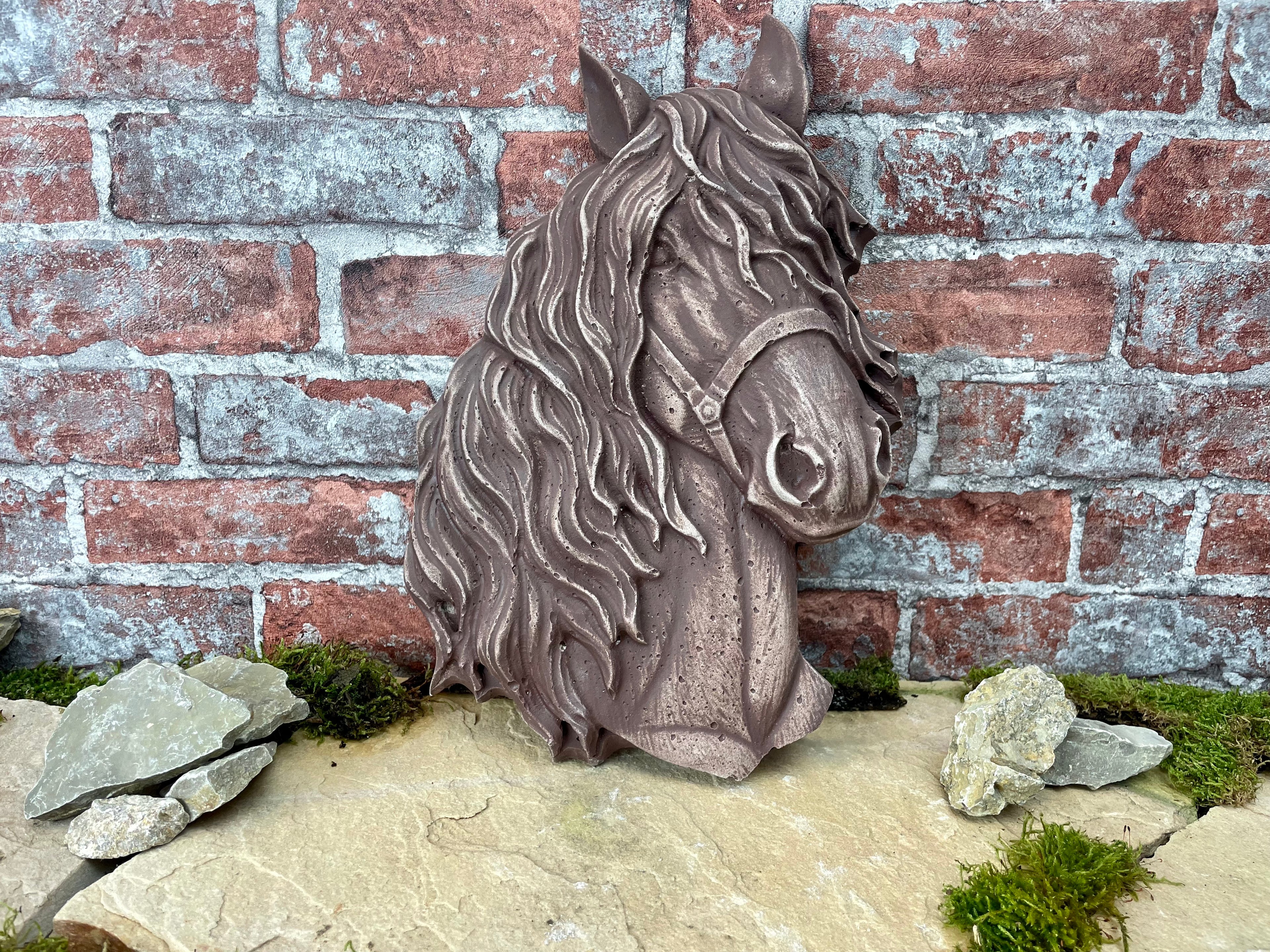 Pferde Relief Pony Stall Schmuck Pferde Porträt Braun Pferdekofpf Stein