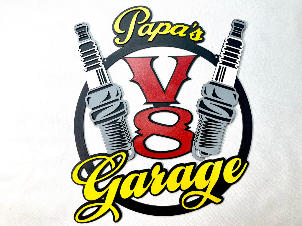 Papas V8 Garage Schild Scania American Trucks Oldtimer Garage Mustang Garagenwände verschönern Geschenk für Männer Holz Bilder AMG GT Ford