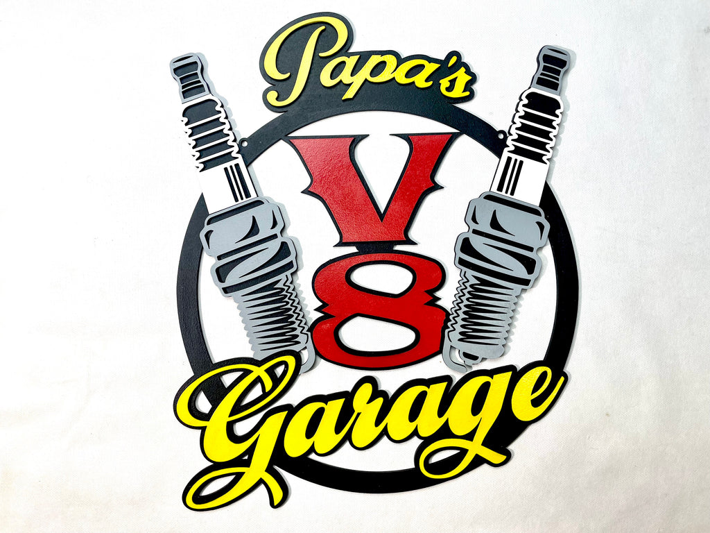 Papas V8 Garage Schild Scania American Trucks Oldtimer Garage Mustang Garagenwände verschönern Geschenk für Männer Holz Bilder AMG GT Ford