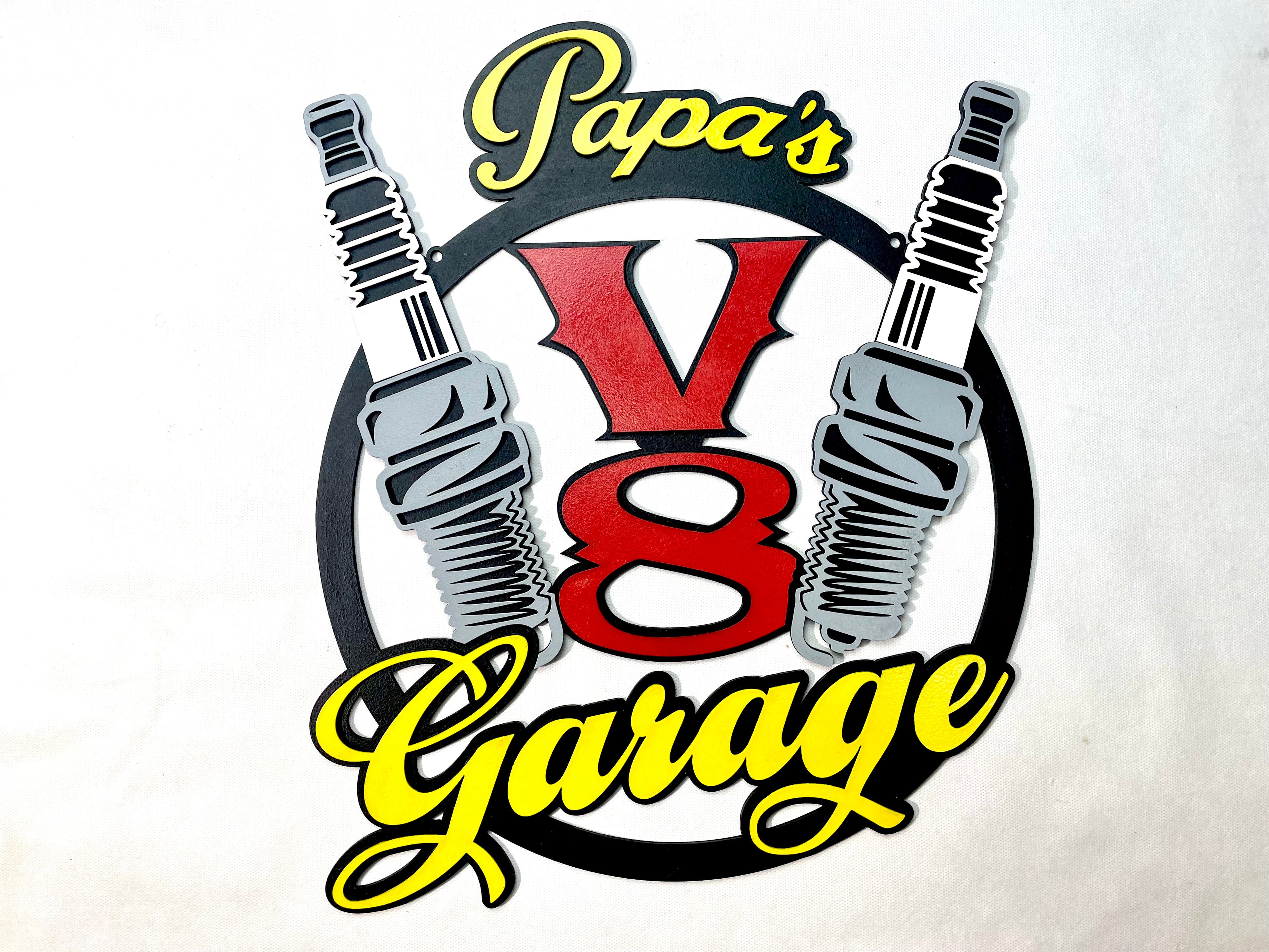 Papas V8 Garage Schild Scania American Trucks Oldtimer Garage Mustang Garagenwände verschönern Geschenk für Männer Holz Bilder AMG GT Ford