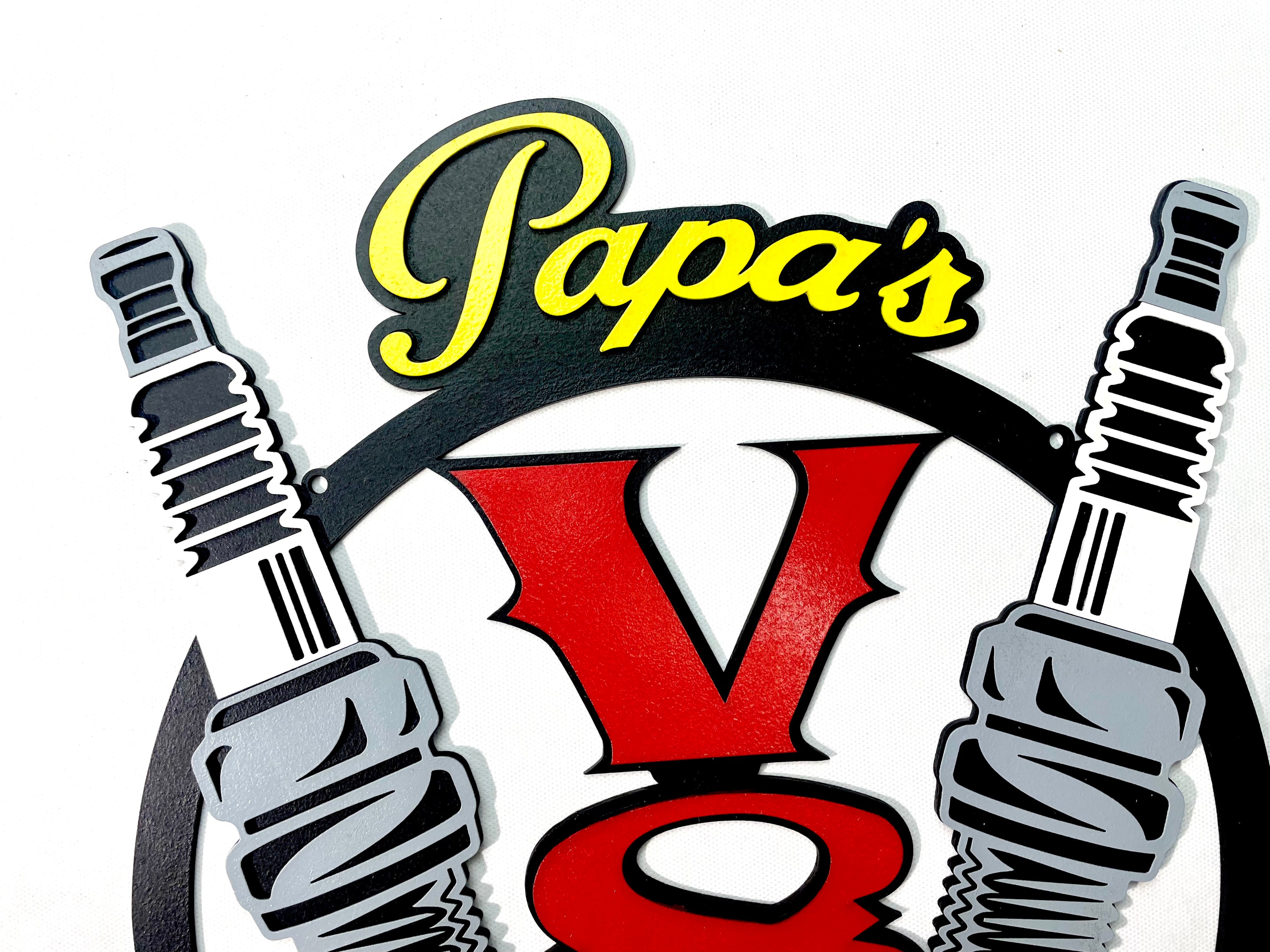 Papas V8 Garage Schild Scania American Trucks Oldtimer Garage Mustang Garagenwände verschönern Geschenk für Männer Holz Bilder AMG GT Ford