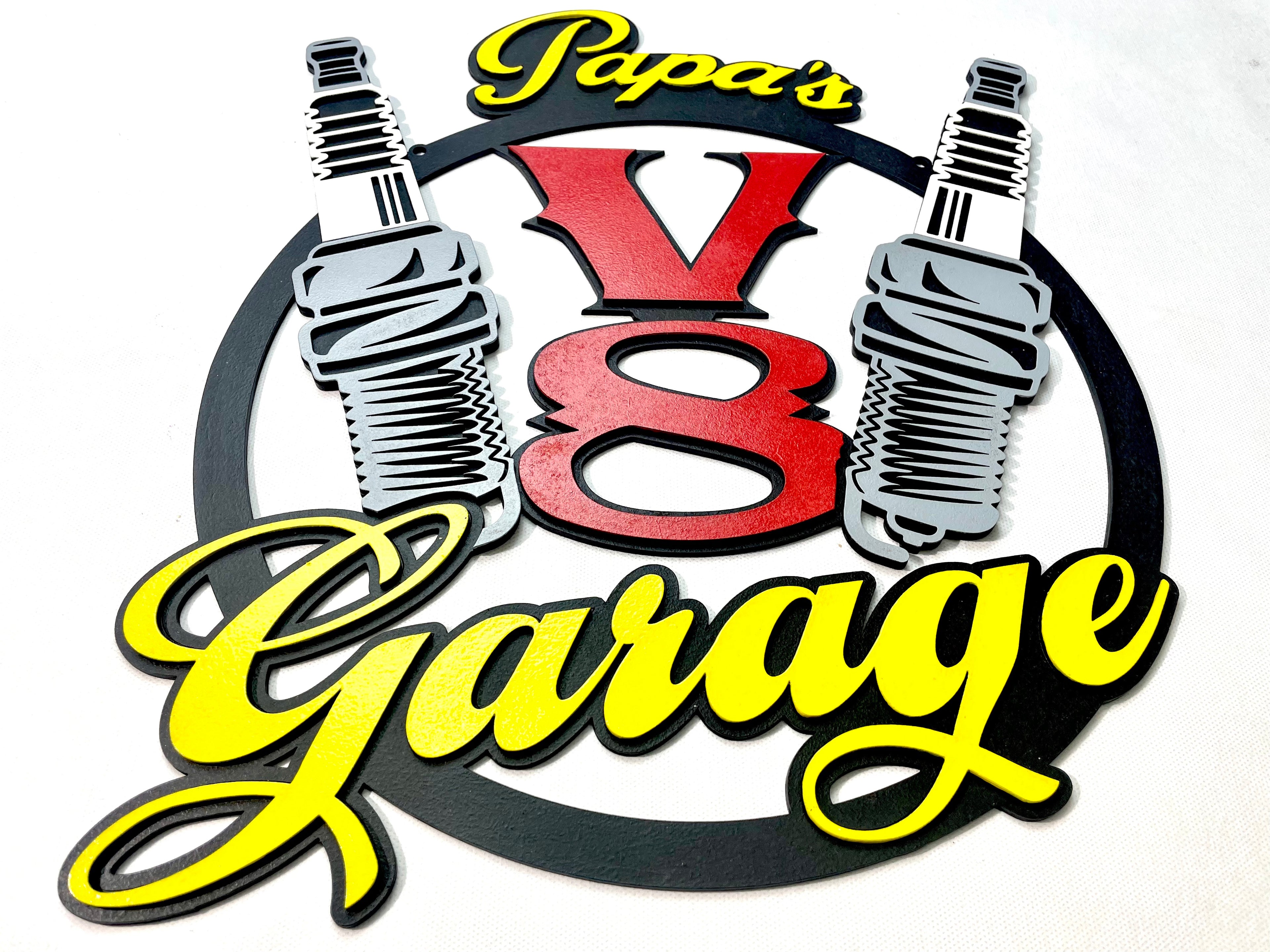 Papas V8 Garage Schild Scania American Trucks Oldtimer Garage Mustang Garagenwände verschönern Geschenk für Männer Holz Bilder AMG GT Ford