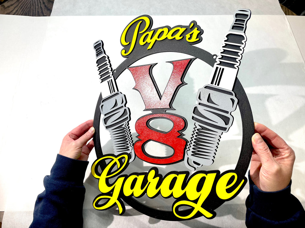 Papas V8 Garage Schild Scania American Trucks Oldtimer Garage Mustang Garagenwände verschönern Geschenk für Männer Holz Bilder AMG GT Ford
