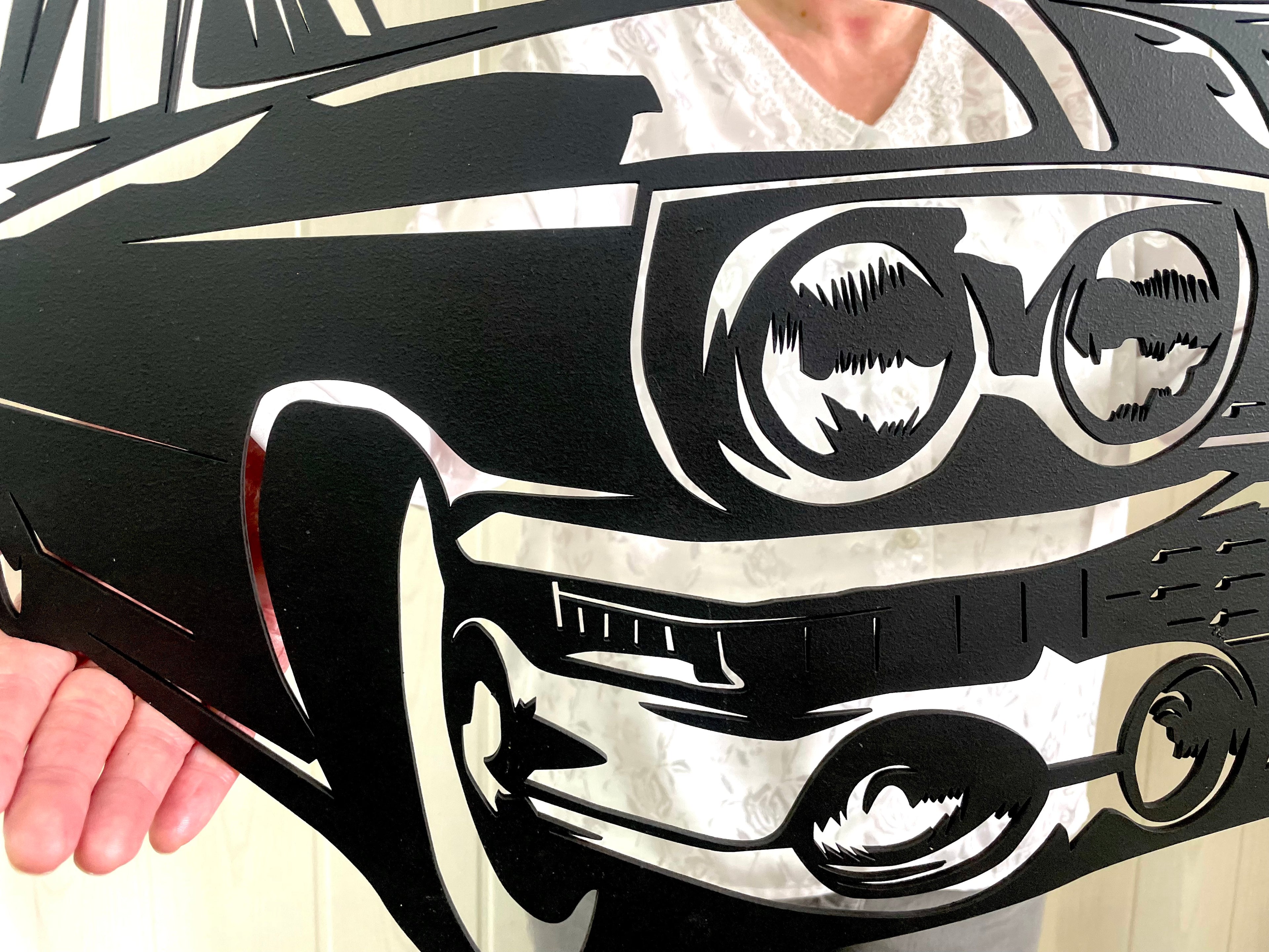 XXL Auto Oldtimer 74x30cm in schwarz aus Holz  – Ein Meisterstück handgefertigter Automobilkunst Geschenkidee Wandbild Wanddekoration Garage