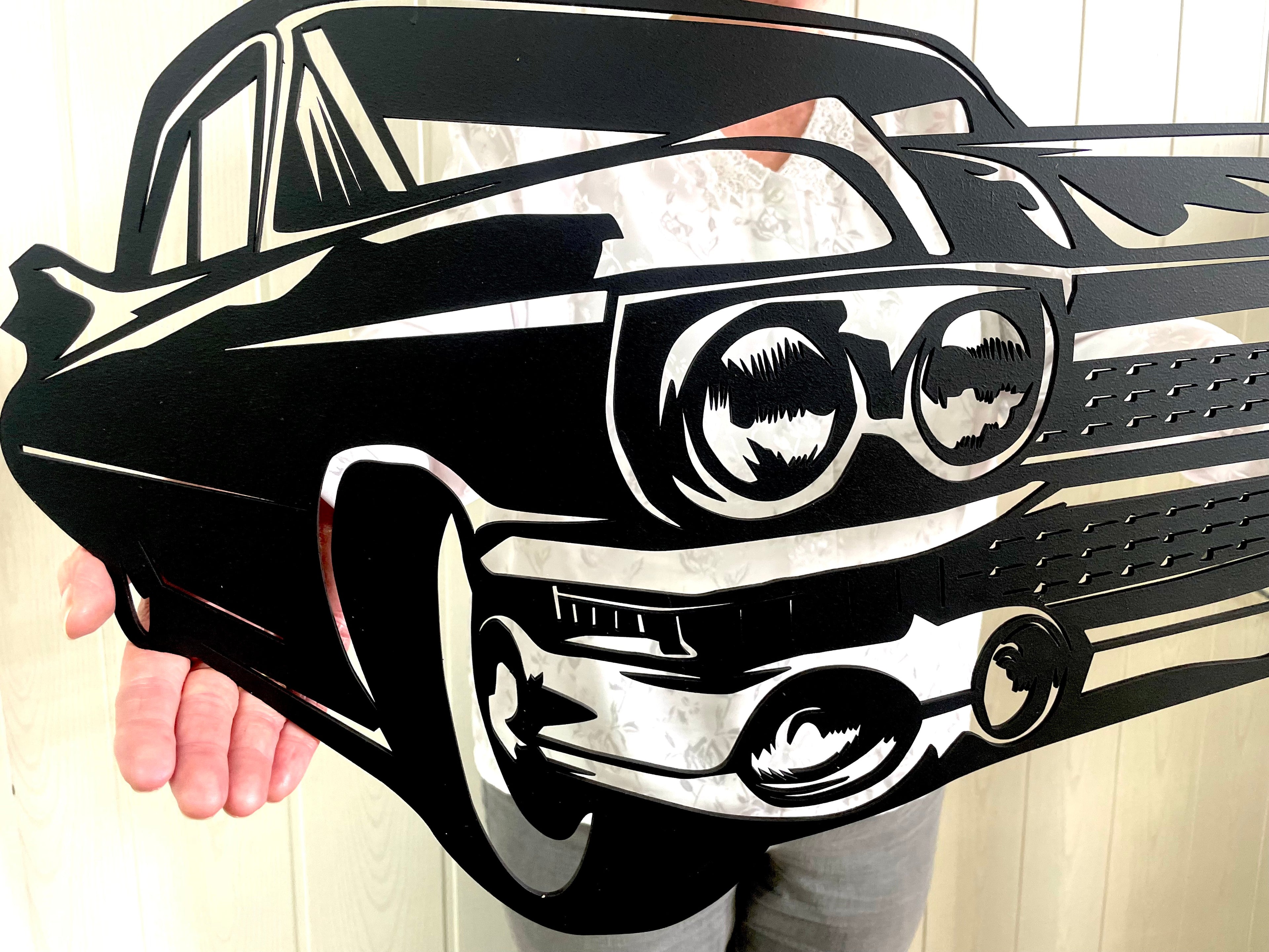 XXL Auto Oldtimer 74x30cm in schwarz aus Holz  – Ein Meisterstück handgefertigter Automobilkunst Geschenkidee Wandbild Wanddekoration Garage
