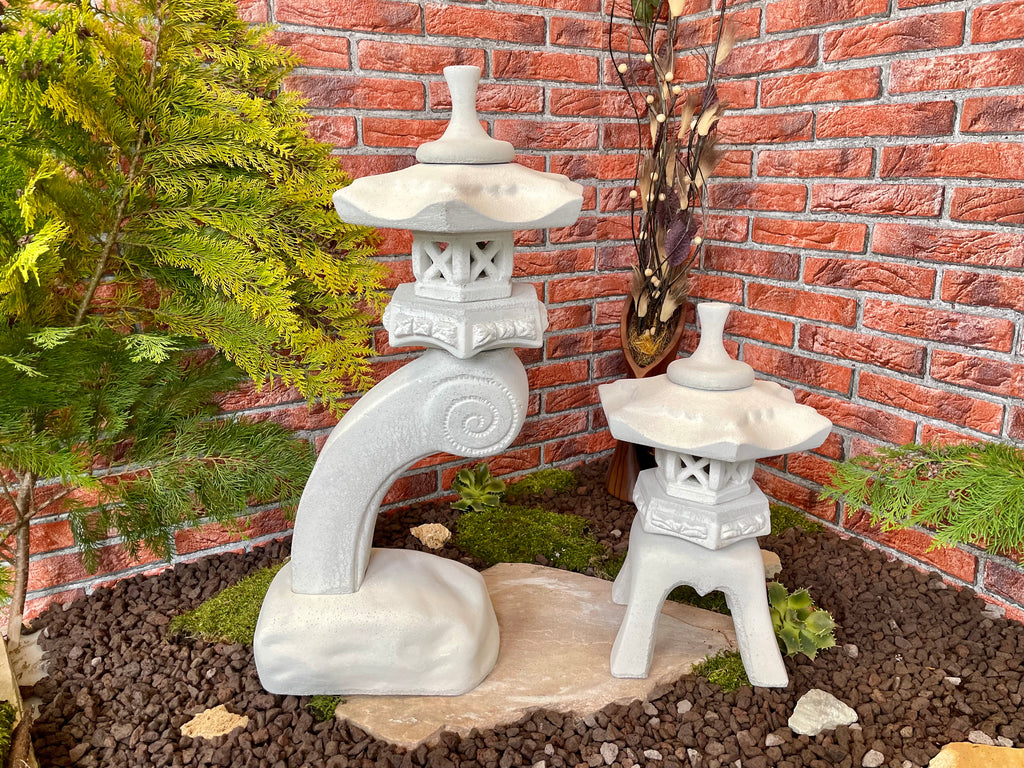 Japanische Steinlaterne 2er Set Rankei+Yukimi A Terrassendeko Ideen Teich Gartendeko Koi-Teich Garten gestallten Home deko Asiatisch Chinesische Deko Steine