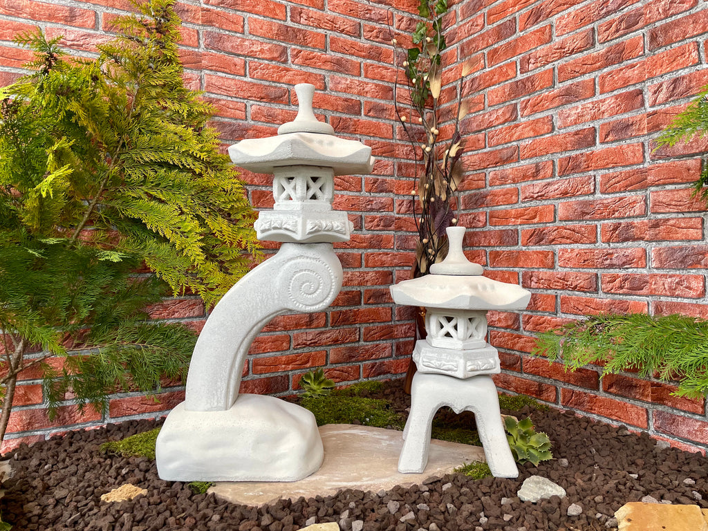 Japanische Steinlaterne 2er Set Rankei+Yukimi A Terrassendeko Ideen Teich Gartendeko Koi-Teich Garten gestallten Home deko Asiatisch Chinesische Deko Steine