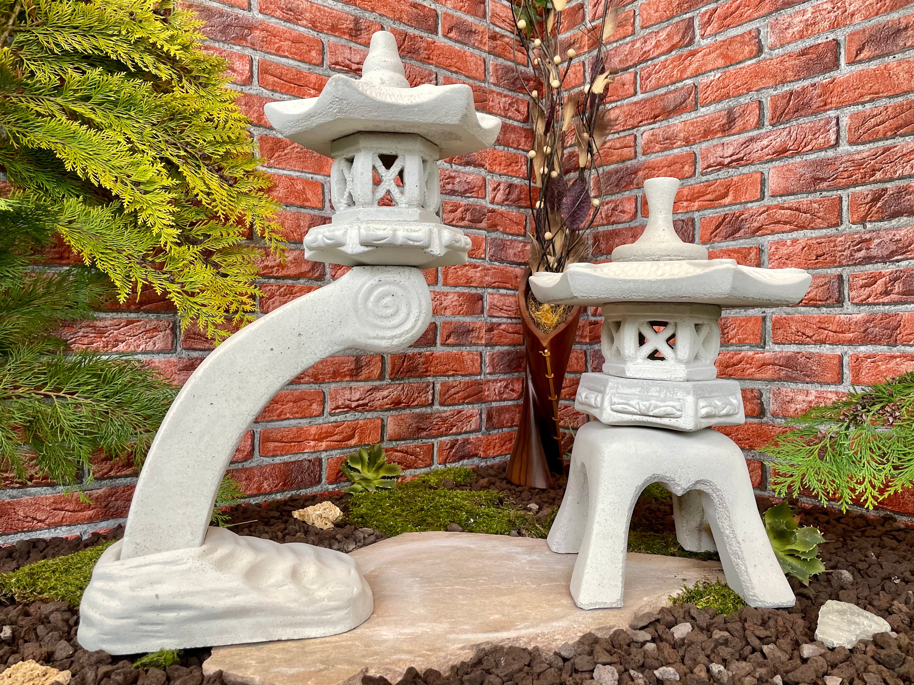 Japanische Steinlaterne 2er Set Terrassendeko Ideen Teich Gartendeko Koi-Teich Garten gestallten Home deko Asiatisch Chinesische Deko Steine