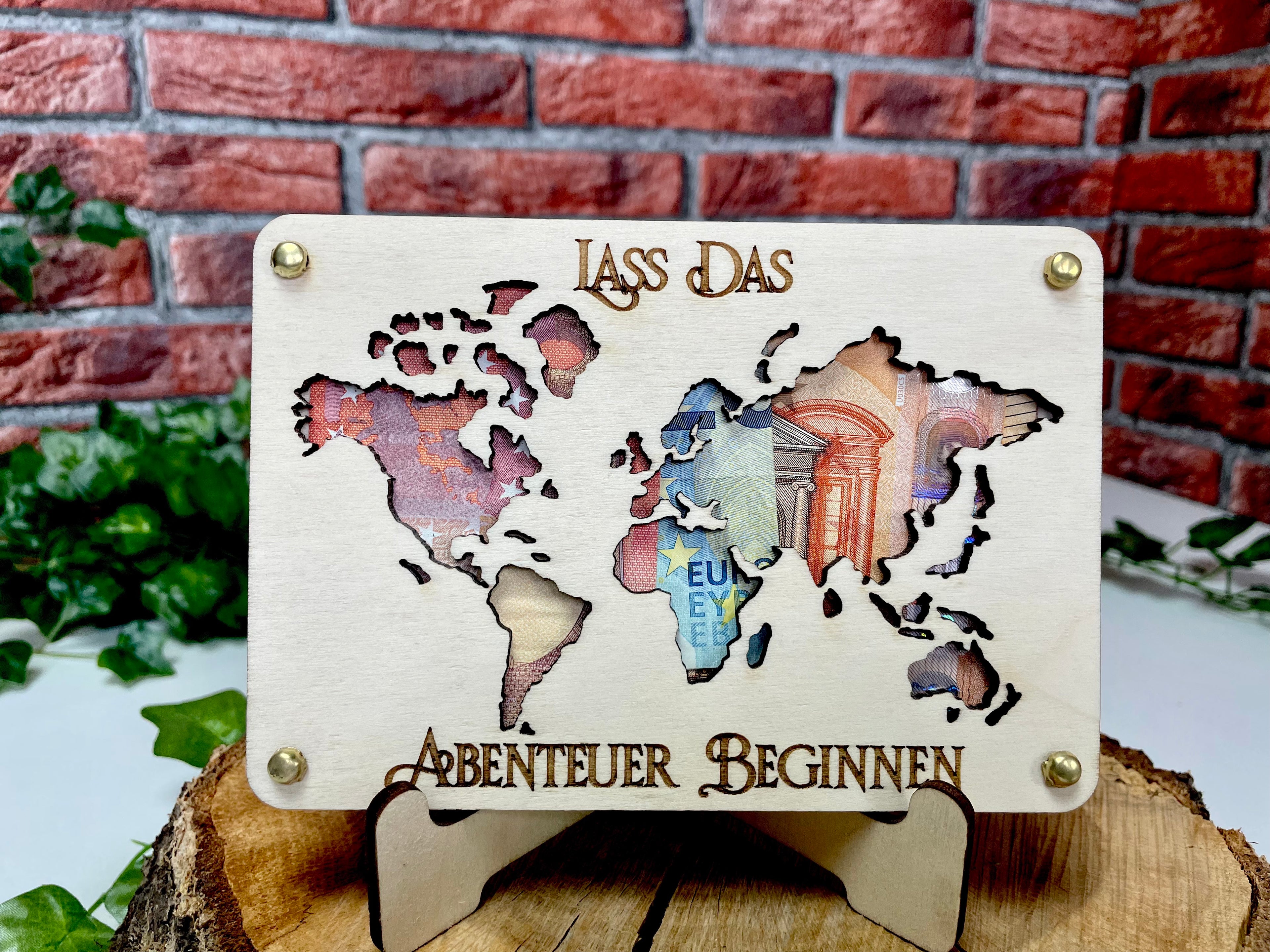 Geldgeschenk Weltkarte 'Lass Das Abenteuer Beginnen' Geschenkideen Holz Bilder Schilder Geburtstag Zur Erholung  Outdoor im Urlaub